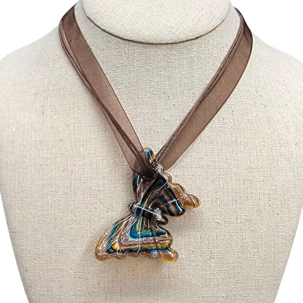 Vintage Y2K Art Glass Butterfly Pendant Necklace Brown Ribbon Murano Style